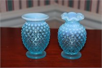 Fenton blue hobnail opalescent bud vases