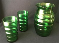 Vintage Anchor Hocking Green Vase/Glasses