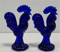 Pair of Gorgeous Blue Glass Rooster Decor