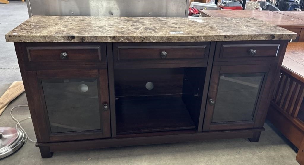 Faux Marble, Dark Walnut TV Stand.