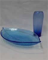 MCM Blue Art Glass Leaf Tray, Spiral Vase