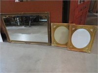 LARGE GOLD FRAMED MIRROR & 2 PICTURE FRAMES