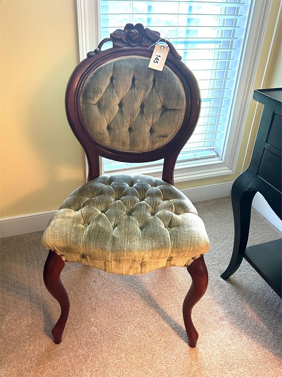 ANTIQUE TUFTED ROSE BACK CHAIR & ART