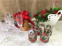 Christmas decor, rocks glasses, champagne glasses