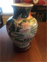 13.5 inch tall Asian vase on stand- hummingbird