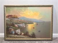 Vintage Oil Painting Italian Coastline Sunset