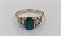 14k Gold Manmade Emerald & CZ Ring