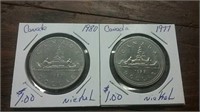 1977&1980 Canada One Dollar Coins