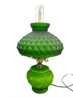 Green Glass Electrified Oil Lamp, Fenton Quilted