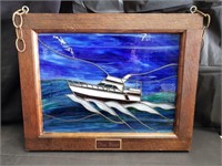 Vintage stained glass window titled "The Boat"