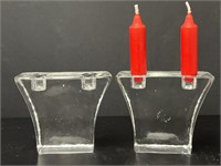 2 Modernist Clear Mouth Blown Glass Candleholders