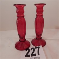 2 RUBY GLASS CANDLESTICKS 9 IN