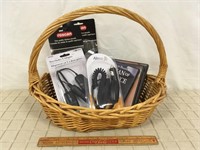 BASKET WITH PHONE CHARGERS AND MORE