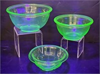 3 URANIUM GLASS HAZEL ATLAS MIXING BOWLS