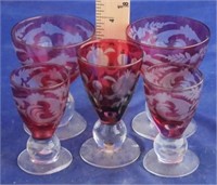 Lot of Etched Cranberry Glasses 5pc.