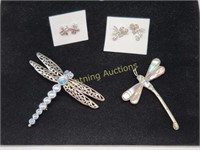 SILVER TONE DRAGOONFLY EARRINGS AND BROOCHES