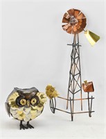 Mixed Metal Windmill Sculpture & Owl Sculpture