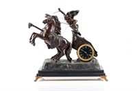 PATINATED METAL FRENCH FIGURAL MANTLE CLOCK