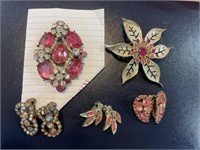 Weiss & pink rhinestone earring brooches flowers