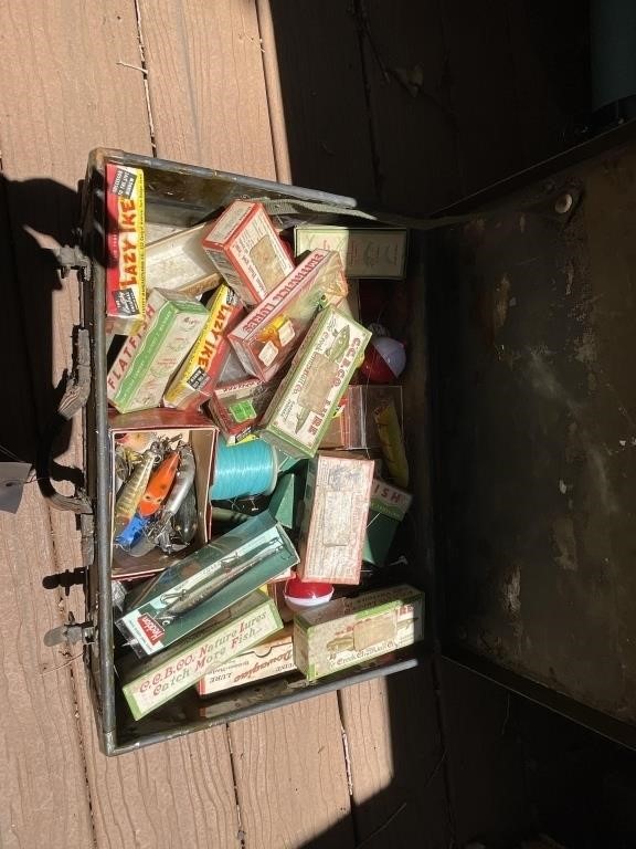 Box with vintage fishing lures & lure boxes