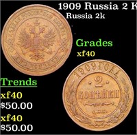 1909 Russia 2 Kopeks Y# 10.2 Grades xf