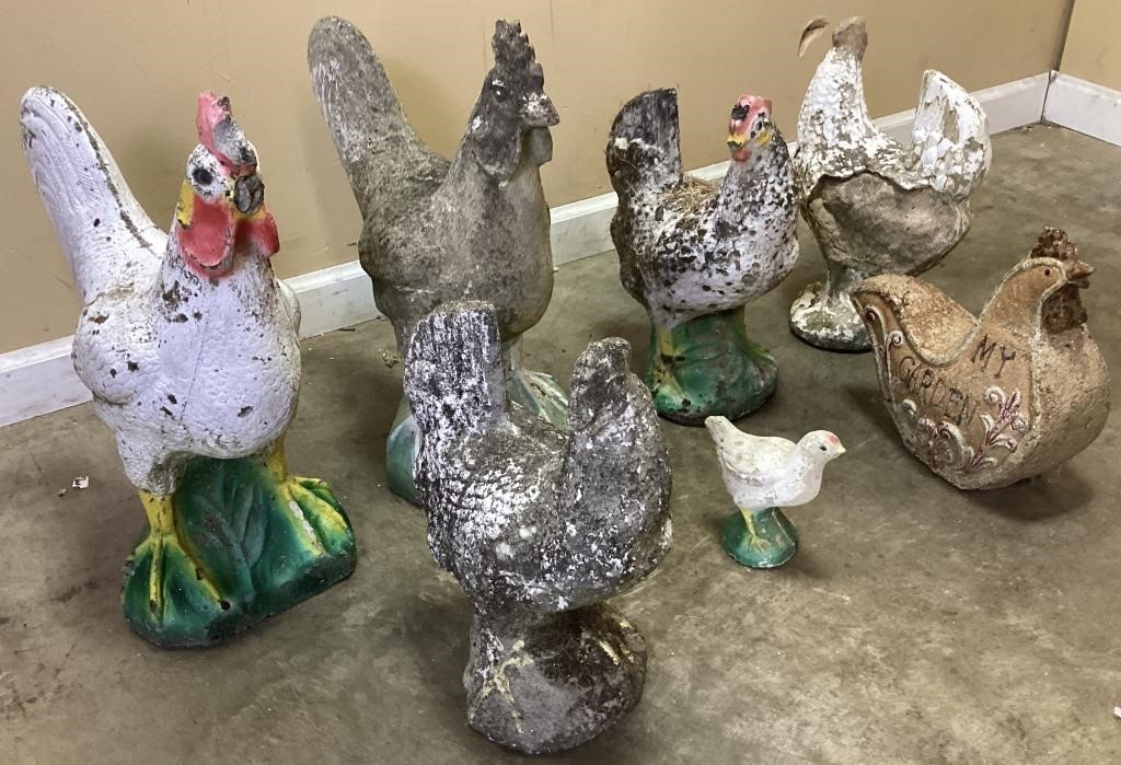 CONCRETE GARDEN ROOSTER & CHICKEN STATUES