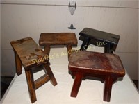 Four wooden stools, tallest one is 9 1/2" l x 4