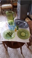 Colored Glass Pitcher, Relish, Bowl, Vases