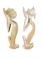 Pair of Wood Carved Praying Man Sculptures