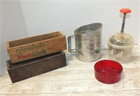 FLOUR SIFTER, GLENDALE CLUB CHEESE BOX & MORE