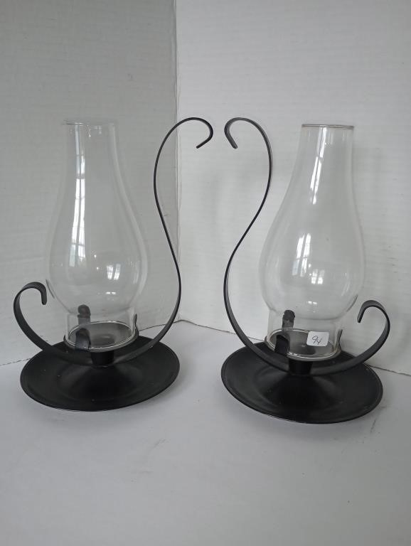 Pair of metal candlestick holder lanterns