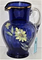 LIGHT BLUE W/YELLOW HAND PAINTED PITCHER  9" TALL