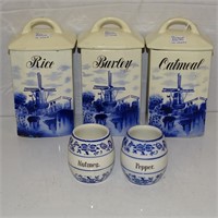 3 GERMAN  8" CANNISTERS & 2 SMALL CUPS