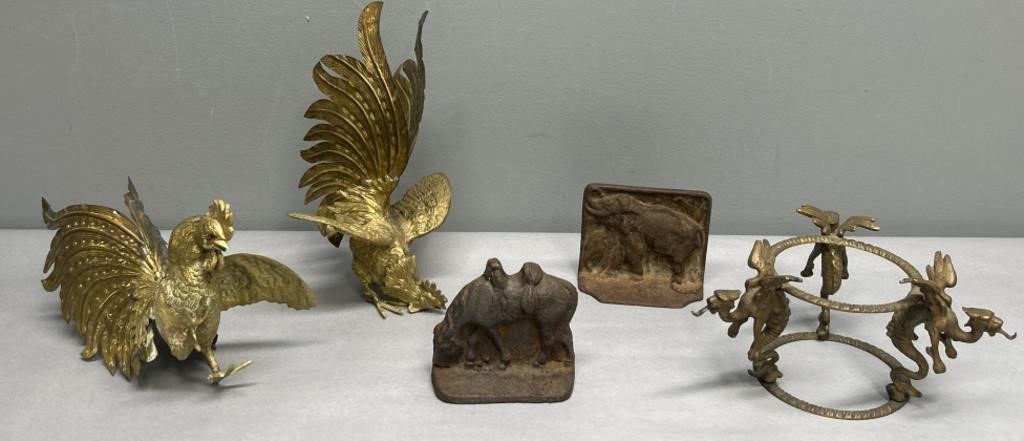 Brass Rooster Figures & Cast Iron Bookends