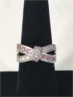 STERLING AND PINK/CLEAR RHINESTONE RING;