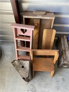 Misc wooden shelves, step stool , drawer & more