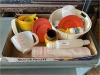 Box of kids plastic kitchen toys