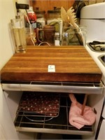 Shelf lot various items: cutting board, salt &