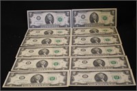 Lot of 12 Consecutive $2 Legal Tender Notes
