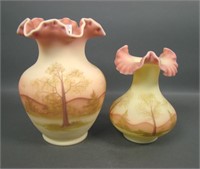 Two Fenton Burmese Ruffled Vases W/ Tree Scenes