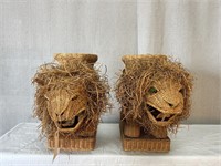Pair of Woven Wicker Rattan Lion End Tables