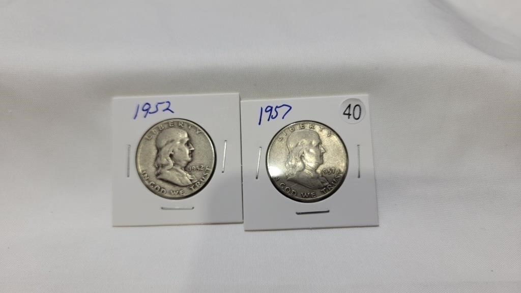 2 Ben Franklin silver half dollars