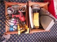 Two wooden crates with stapler, multi-plug reel