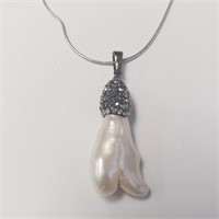 $200 Silver Free Form Pearl And Marcasite 18" Neck