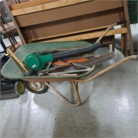 Weedeater Ground Sweeper, Wheel Barrel, Tools