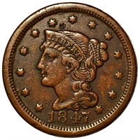 1847 Braided Hair Large Cent LIGHTLY CIRCULATED