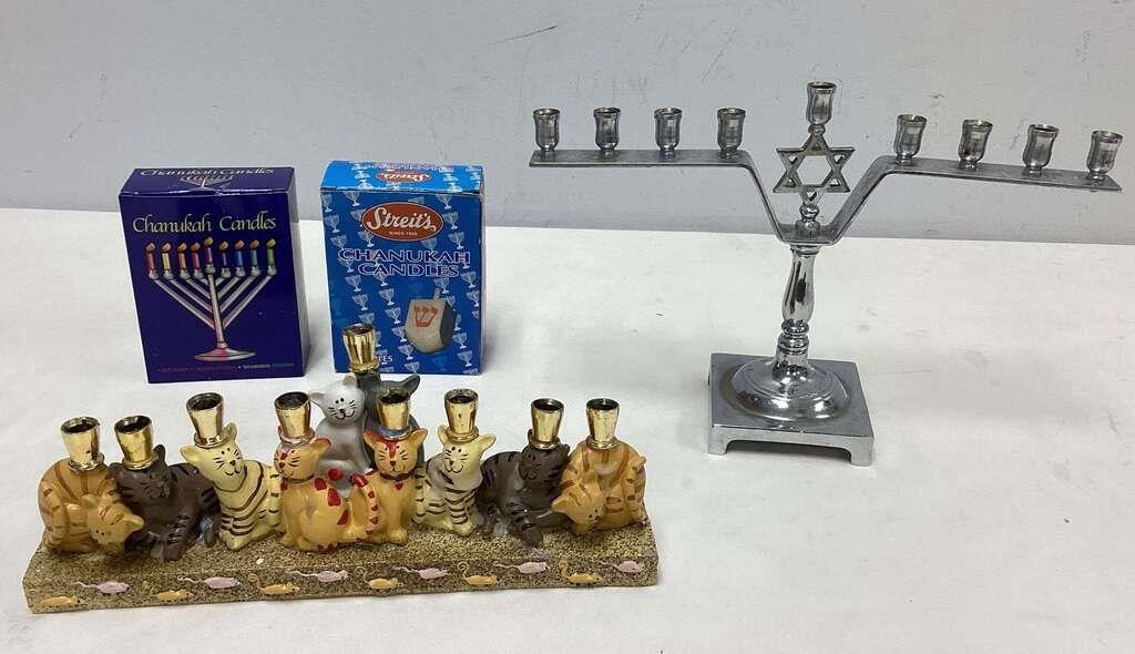 Cat Menorah, Metal Menorah, Candles