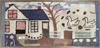 19th C. folk art hooked rug w/ house & swans.
