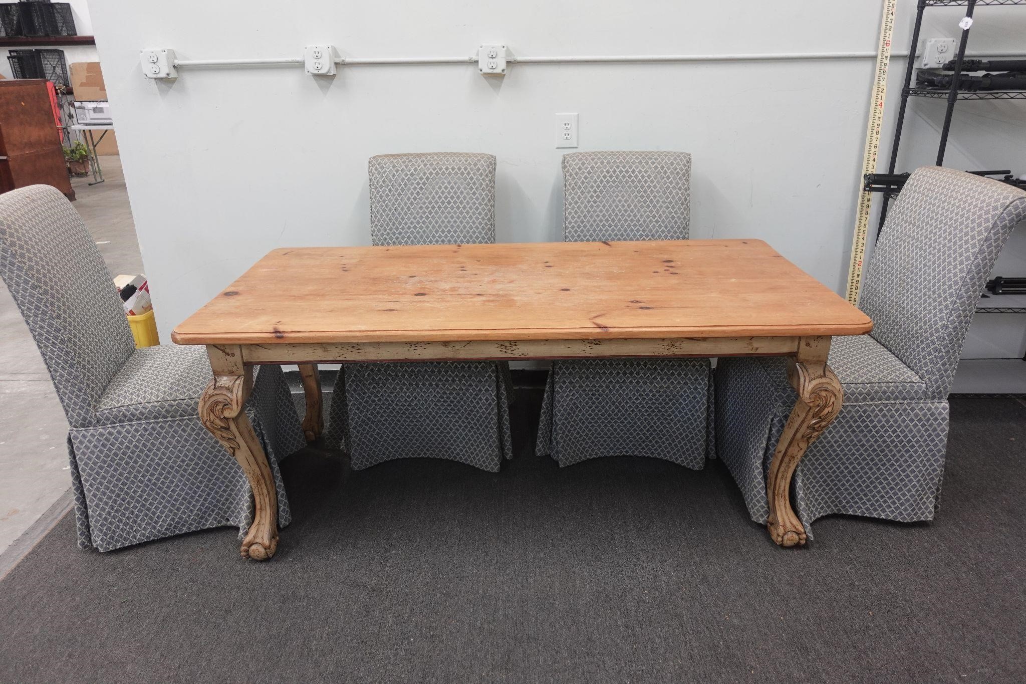 Dining Table w/ Carved Legs & 4 Upholstered Chairs