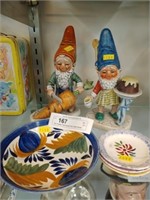 Two Goebel Figurines with Stick Spatter Saucers
